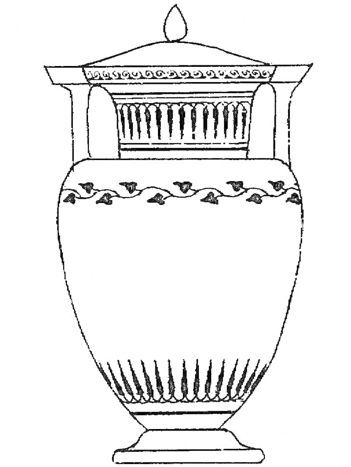 Раскраска Древнегреческая ваза с орнаментом из листьев и меандром на крышке