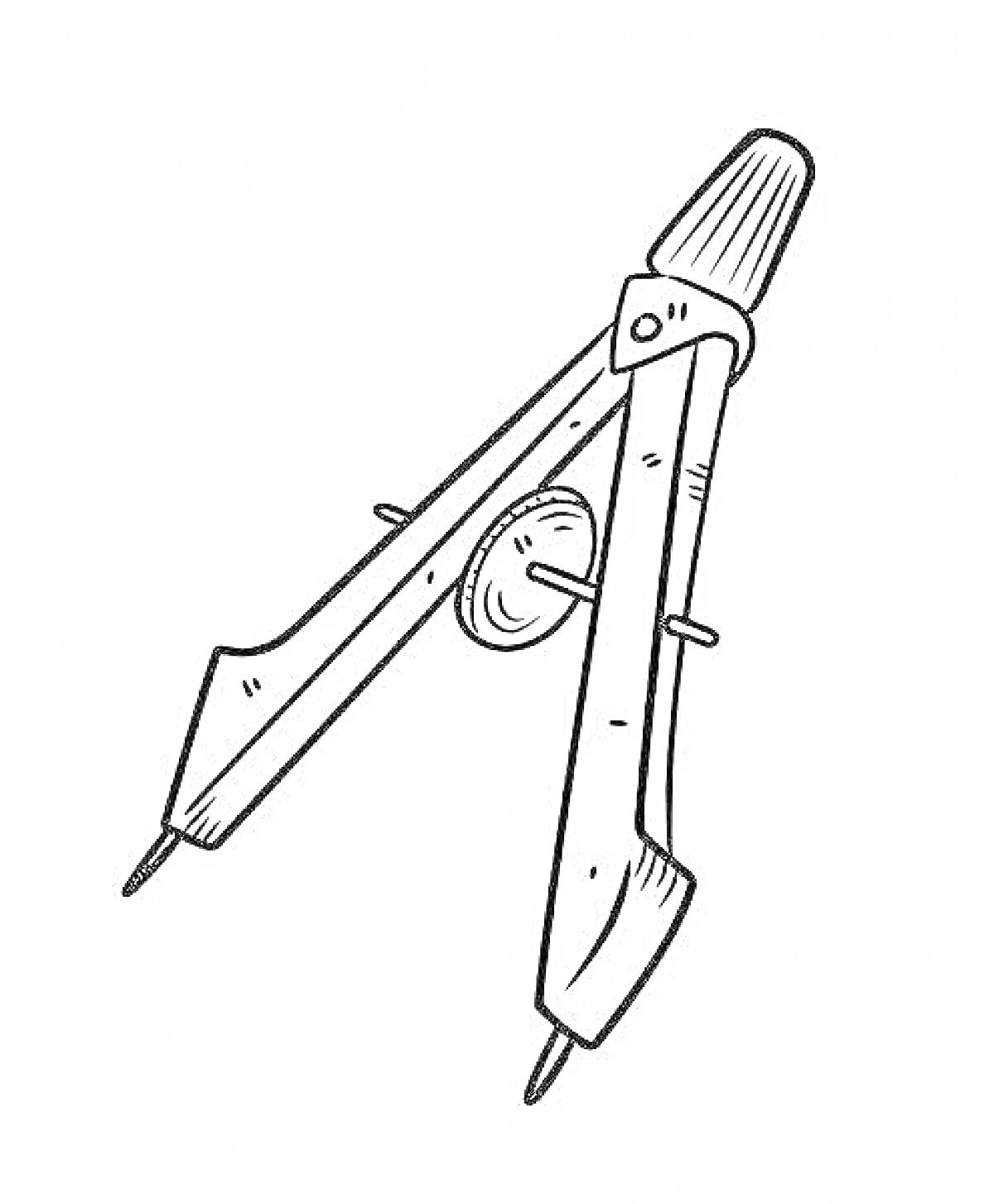 Раскраска Циркуль с разметочным и чертежным наконечниками, изображение с регулировочным колесиком и корпусом