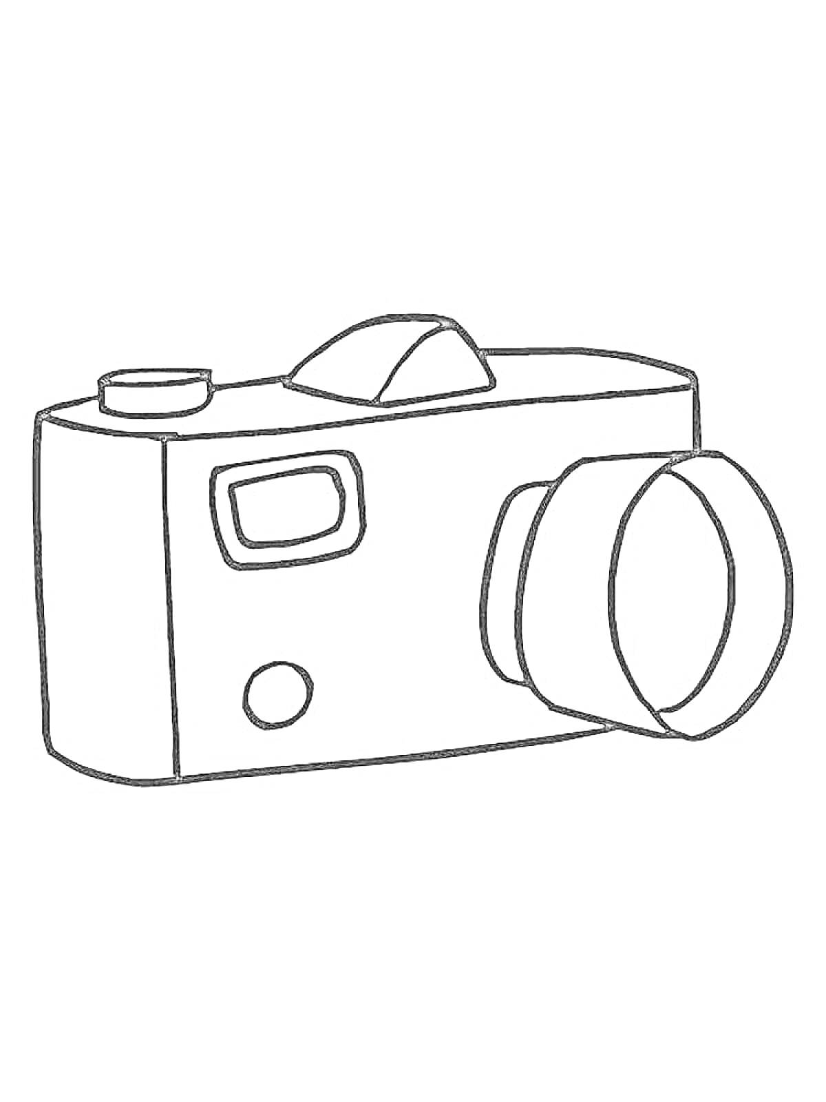 Раскраска Фотоаппарат с объективом, кнопкой, экраном и видоискателем
