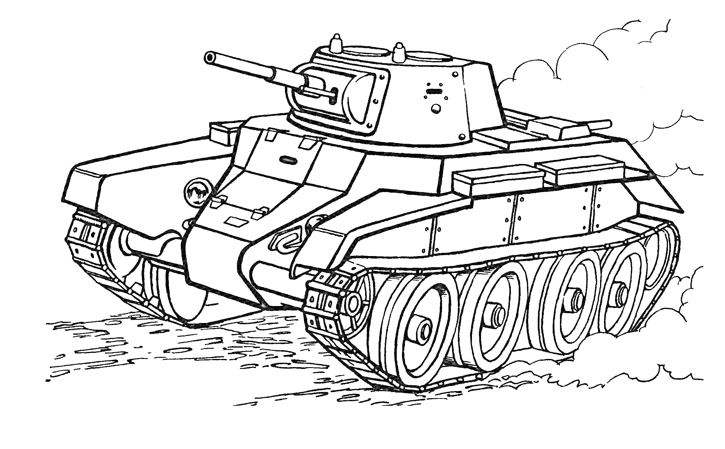 Танковая раскраска с средневековым танком на колесах, пушкой и гусеницами, поднятие дыма сзади