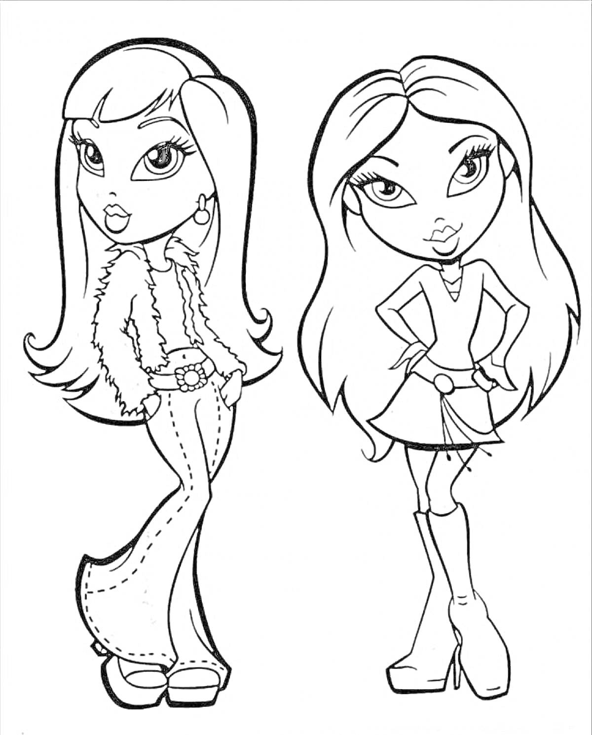 Раскраска Две девушки-модели с длинными волосами, в модной одежде и обуви