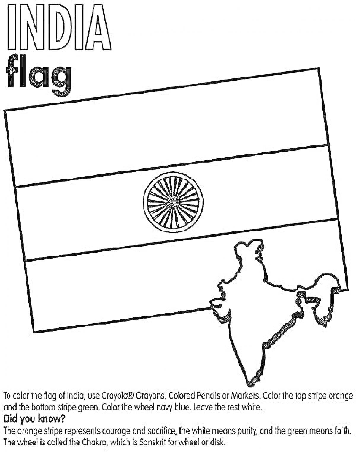 На раскраске изображено: Флаг, Индия, Карта, Белый, Зеленый, Информация, Crayola, Цветные карандаши, Маркеры, Символика