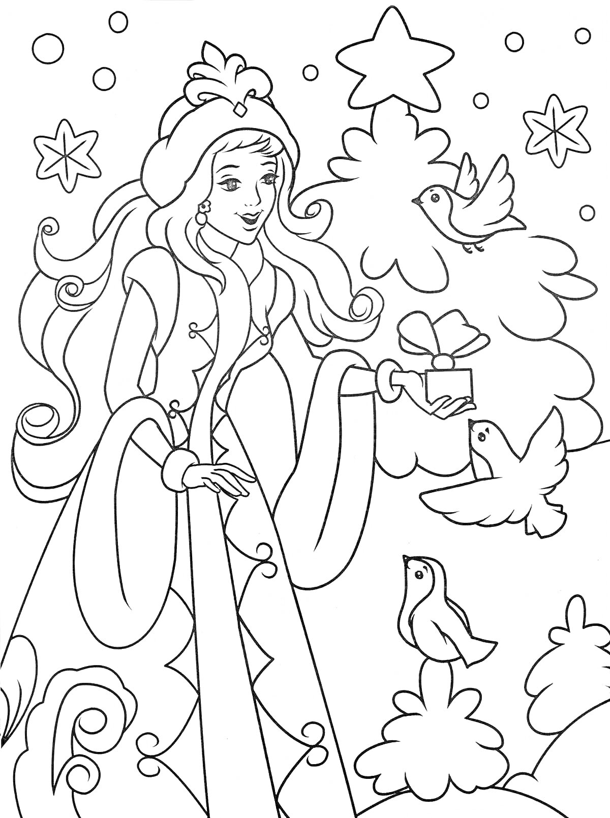 Раскраска Волшебница зима с подарком в окружении зимнего леса и птиц