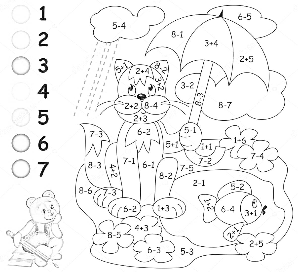 Раскраска Кот, улитка и черепашка под зонтиком в дождливый день с математическими примерами