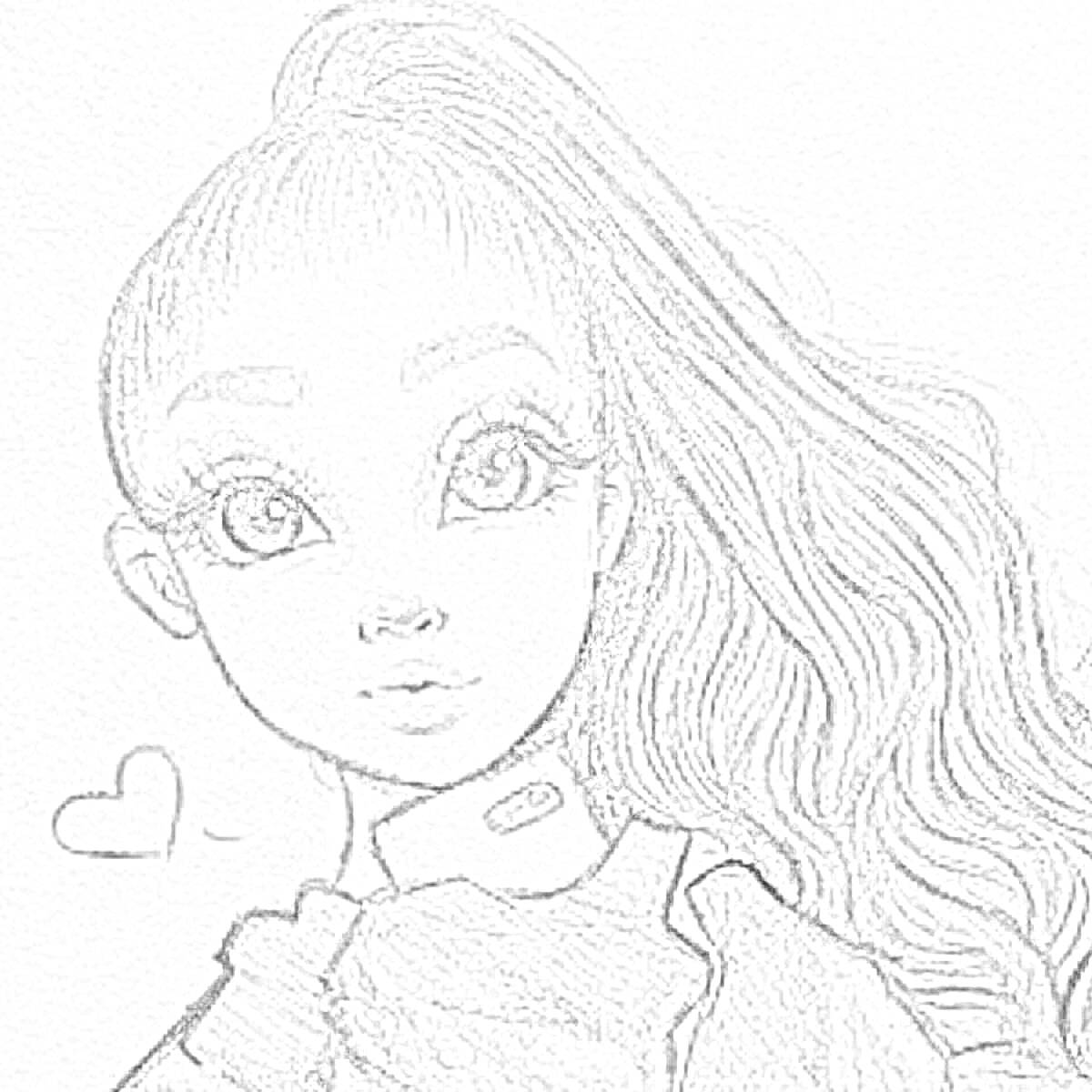 Раскраска Девушка с длинными волосами в свитшоте и сердечком