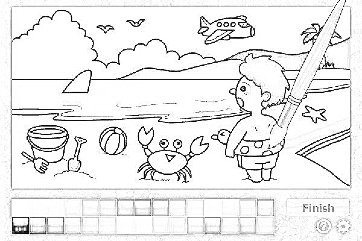 Раскраска Мальчик на пляже с раком, песочным замком, акулой в воде и летящим самолетом