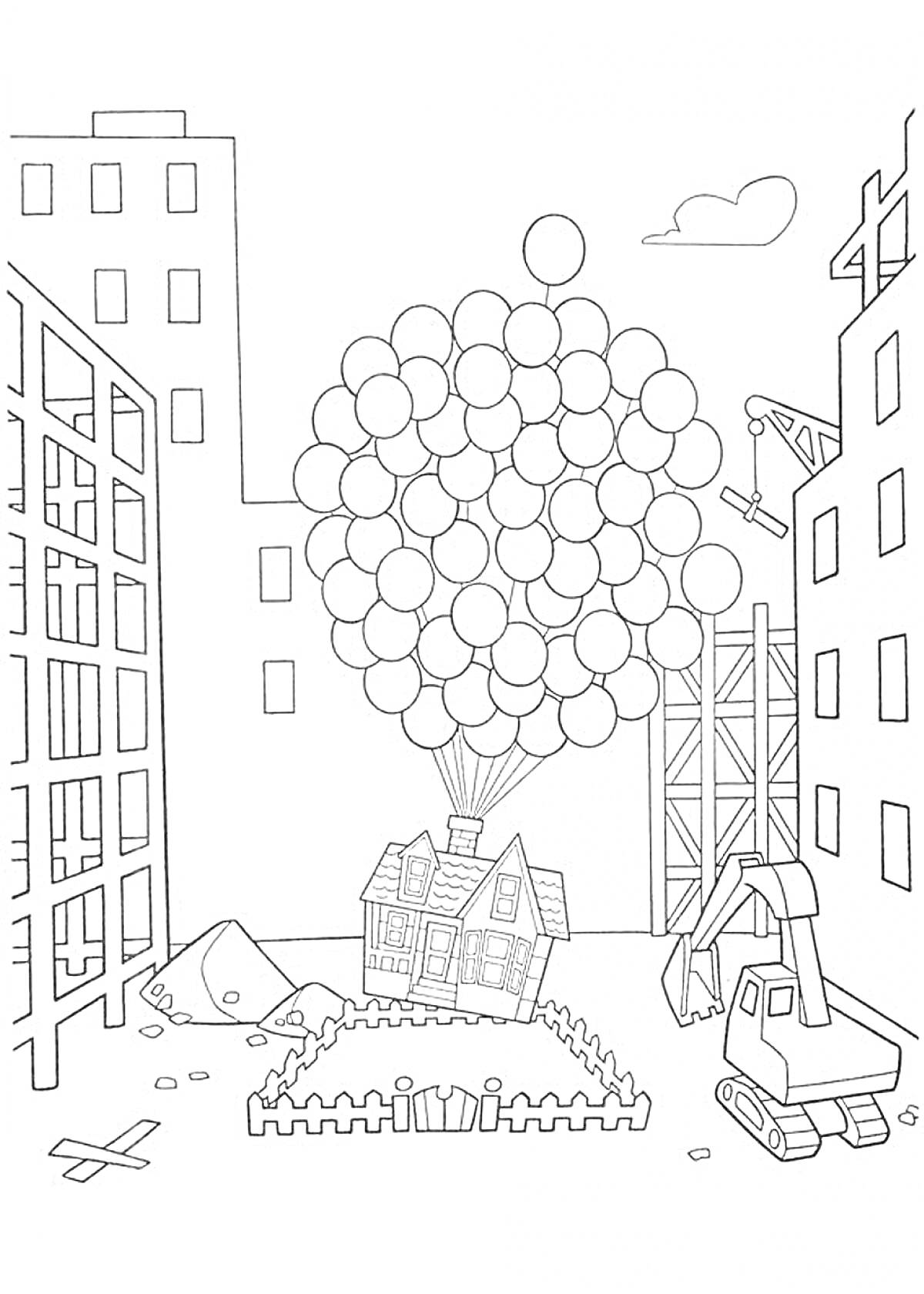 На раскраске изображено: Дом, Воздушные шары, Подъемный кран, Небоскрёбы, Строительная техника, Забор, Облака, Города, Строительство