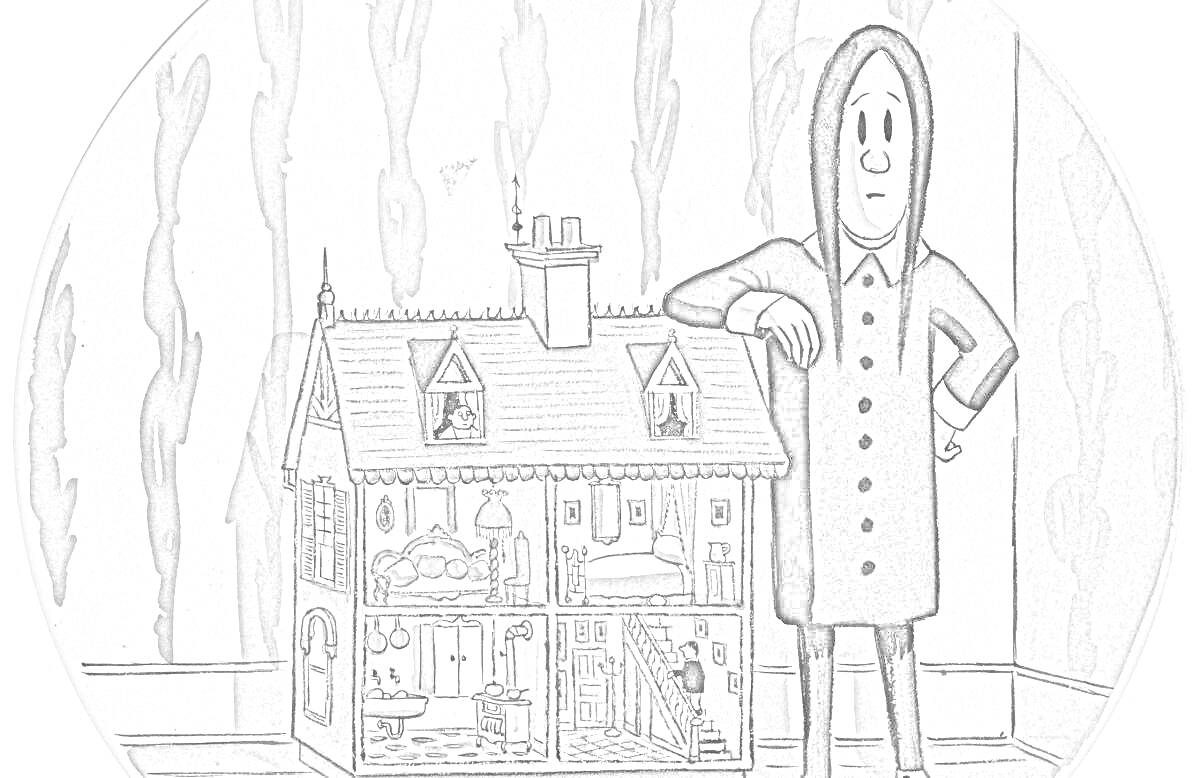 Раскраска Wednesday Адамс с кукольным домом, обои с узором, фигурка девочки в черном платье
