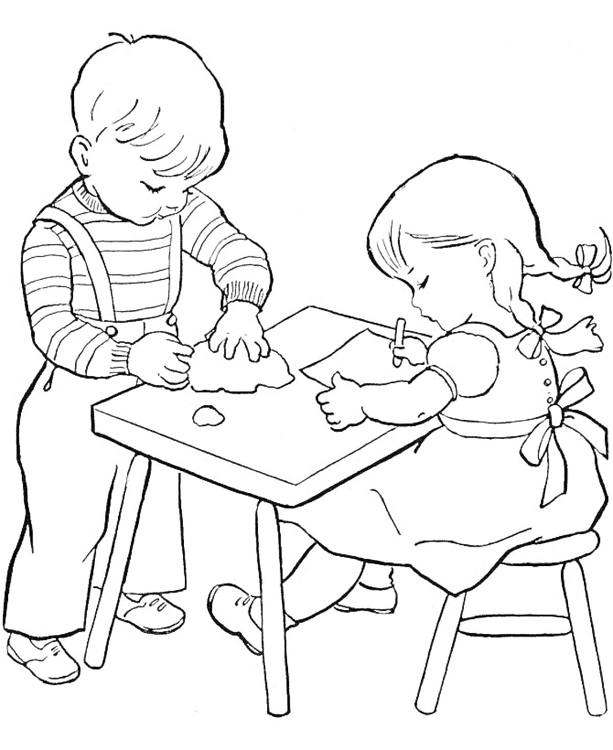 Раскраска Дети за столом лепят из пластилина и рисуют