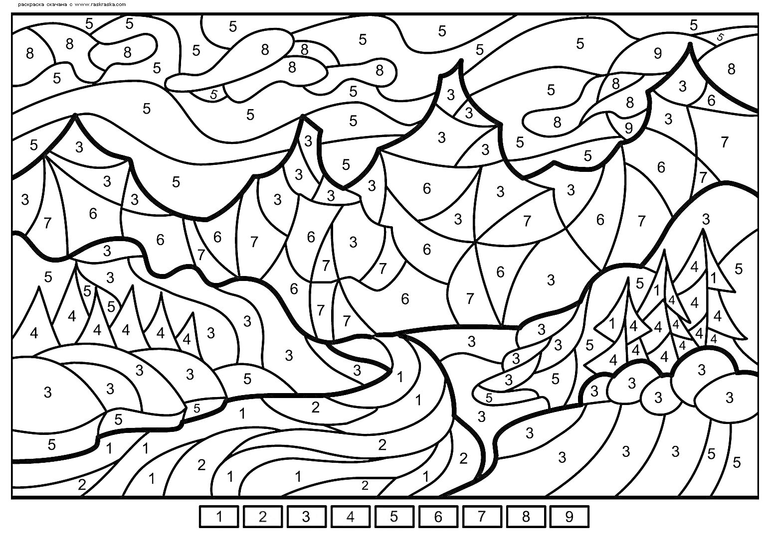 На раскраске изображено: Зима, По номерам, Пейзаж, Горы, Деревья, Снег, Природа, Сугробы