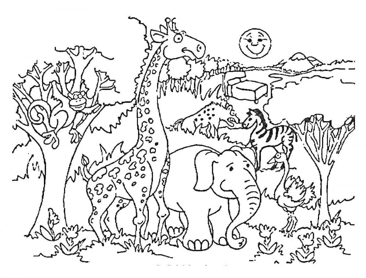 На раскраске изображено: Саванна, Животные, Слон, Страус, Мартышка, Деревья, Кусты, Трава, Птица, Солнце, Природа, Фауна