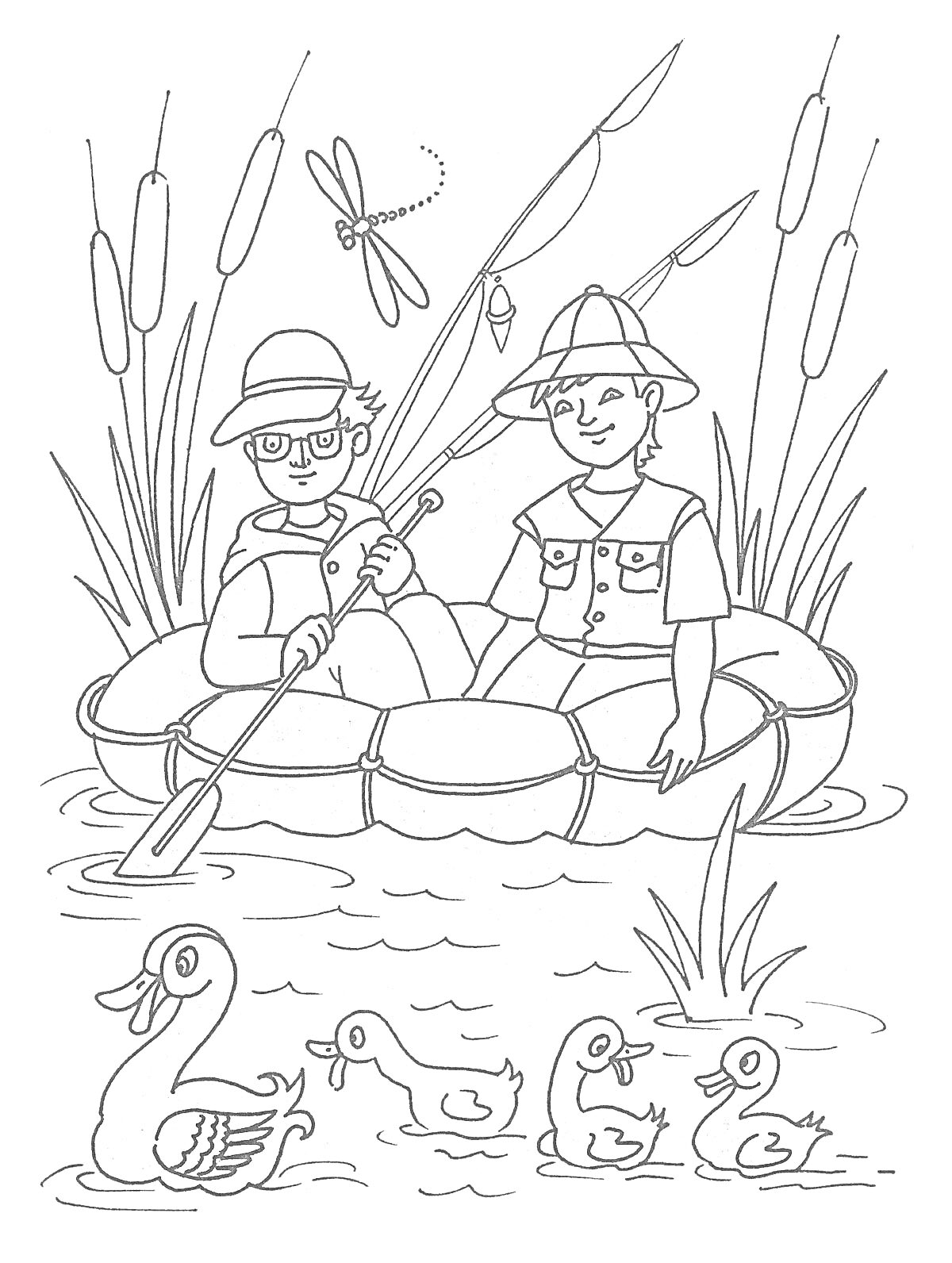 Дети в лодке среди камышей с утятами и стрекозами