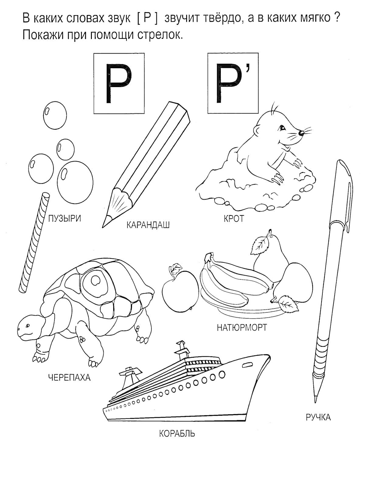 На раскраске изображено: Логопедия, Звук р, Пузыри, Крот, Черепаха, Натюрморт, Корабль, Ручка, Мягкий звук