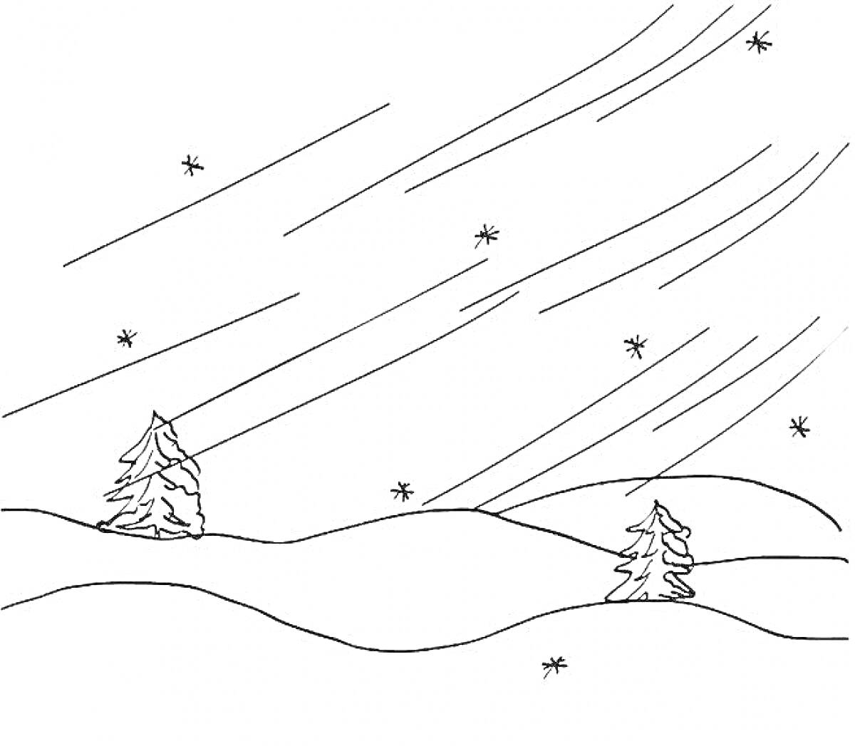 На раскраске изображено: Метель, Зима, Снегопад, Снег, Лес, Природа, Холмы, Ветер, Холод