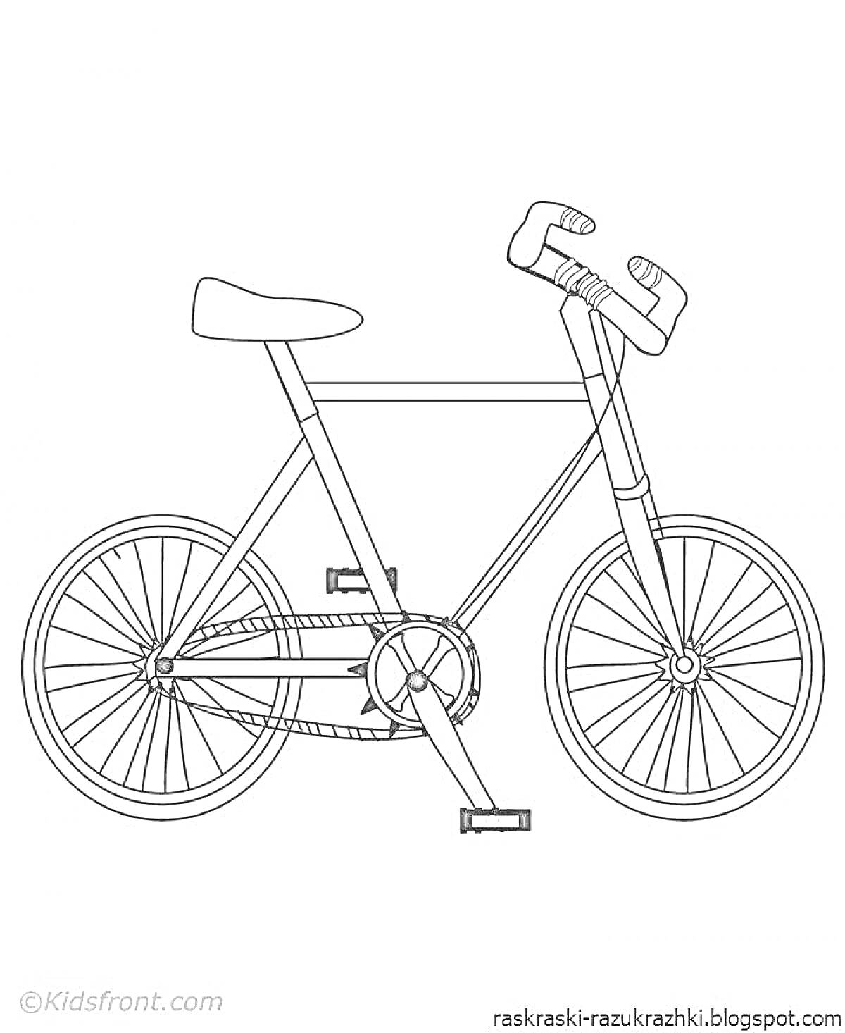 На раскраске изображено: Велосипед, Педали, Колёса, Седло, Рама, Цепь