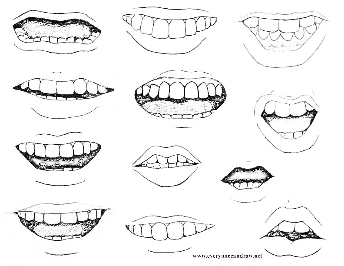 Раскраска с разными видами ртов, показывающая разнообразные формы губ и зубов, открытые и закрытые рты