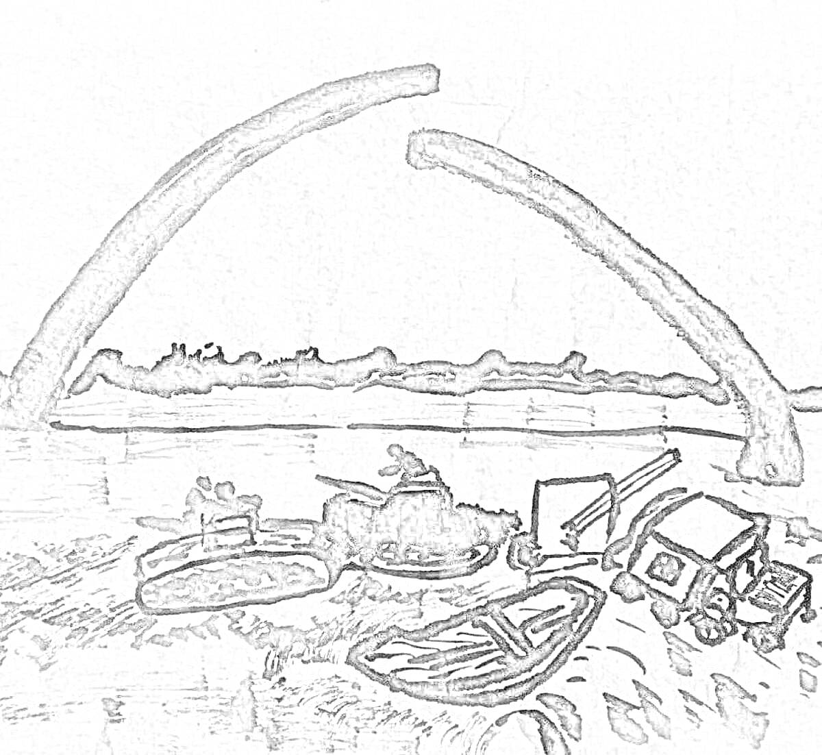 Раскраска Дорога жизни: лодки у берега озера, автомобили и палатка на земле, символическое арочное сооружение на фоне горизонта