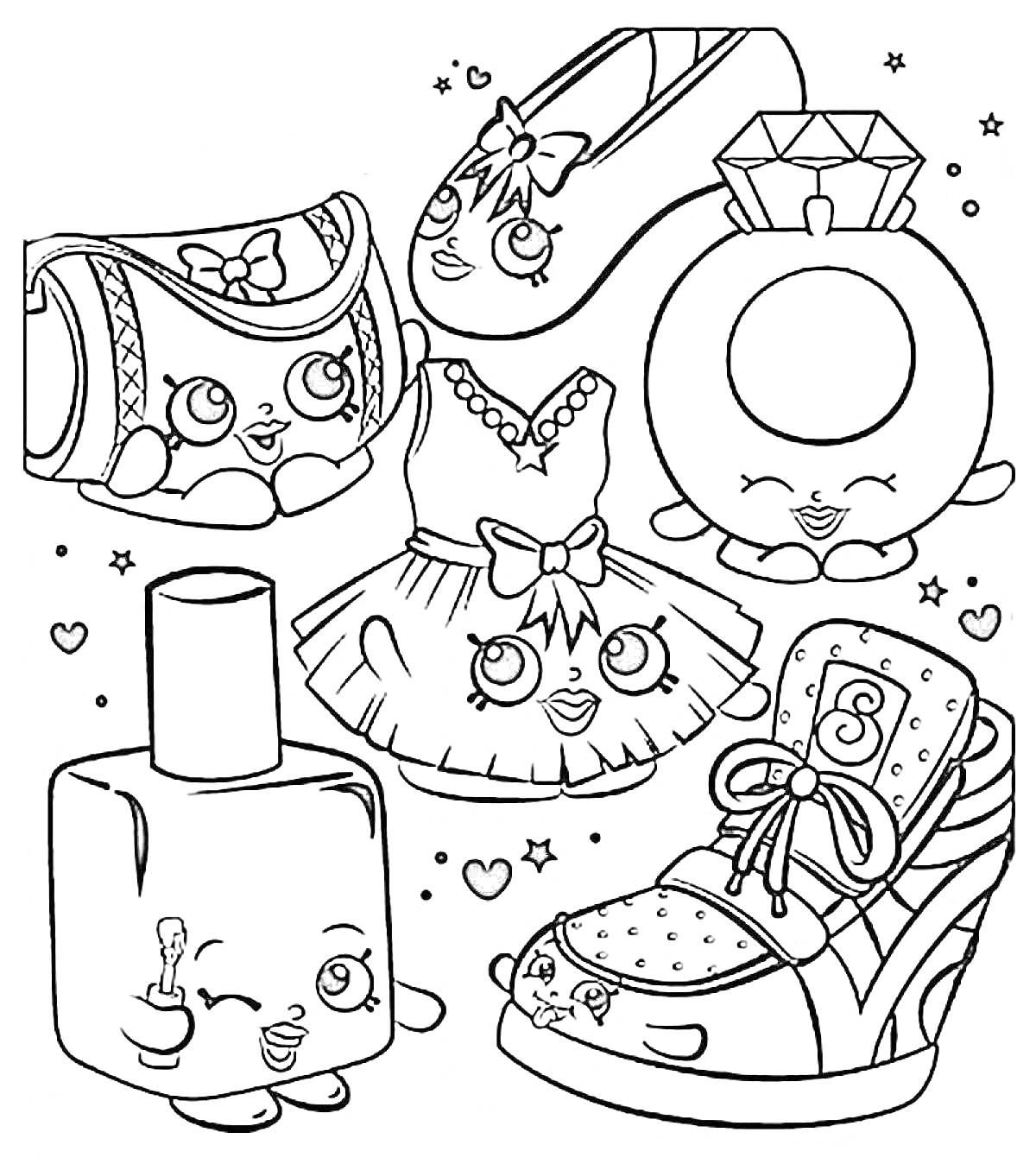 Раскраска Кошелек, туфелька, кольцо, лак для ногтей, платье, кроссовок с личиками Shopkins