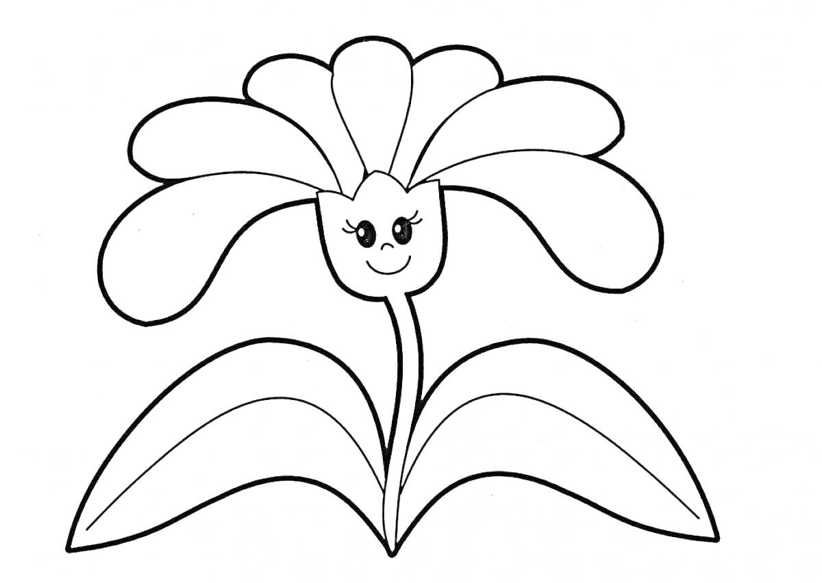 Раскраска Цветок с лицом на лепестках, два крупных листа