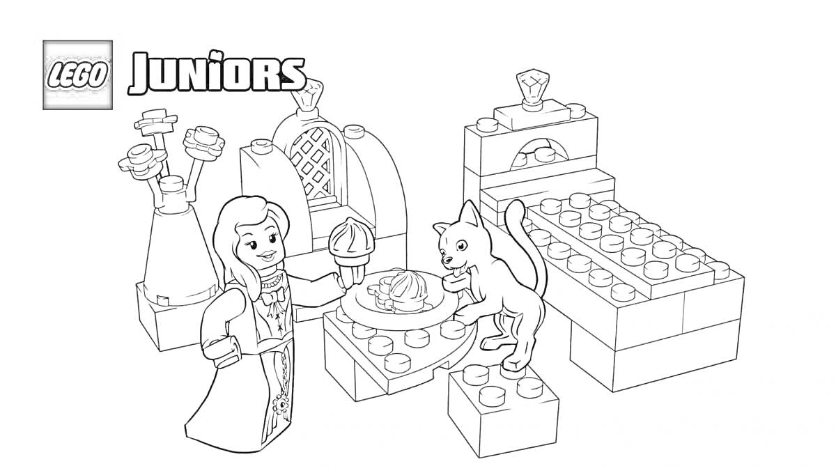 На раскраске изображено: Лего, Кровать, Стол, Рыба, Котёнок, Игрушки, Девочка