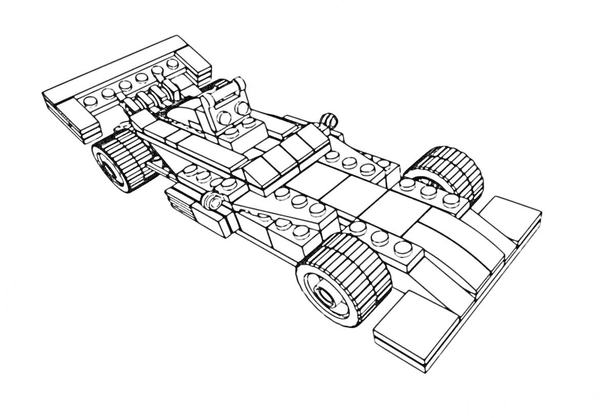 Раскраска Гоночная машина из лего с большим задним антикрылом, четырьмя колесами и открытой кабиной.