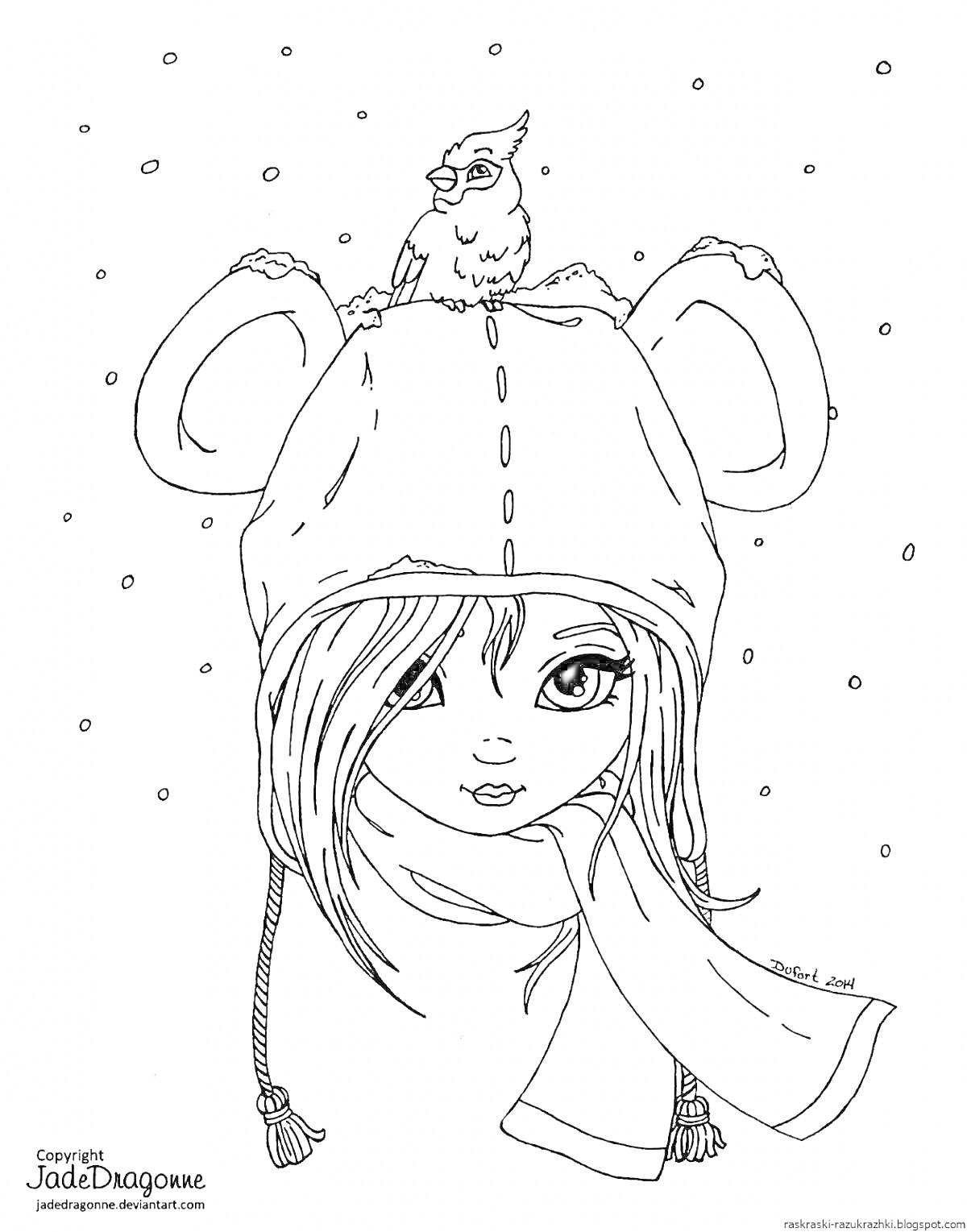 На раскраске изображено: Девочка, Шапка с ушами, Шарф, Снег, Зима, Прикольные