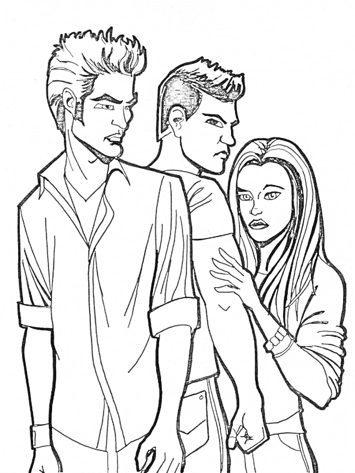 Три персонажа; мужчина с короткими волосами и рубашкой, мужчина с короткими волосами в футболке, девушка с длинными волосами и футболкой; девушка держит руку мужчины.