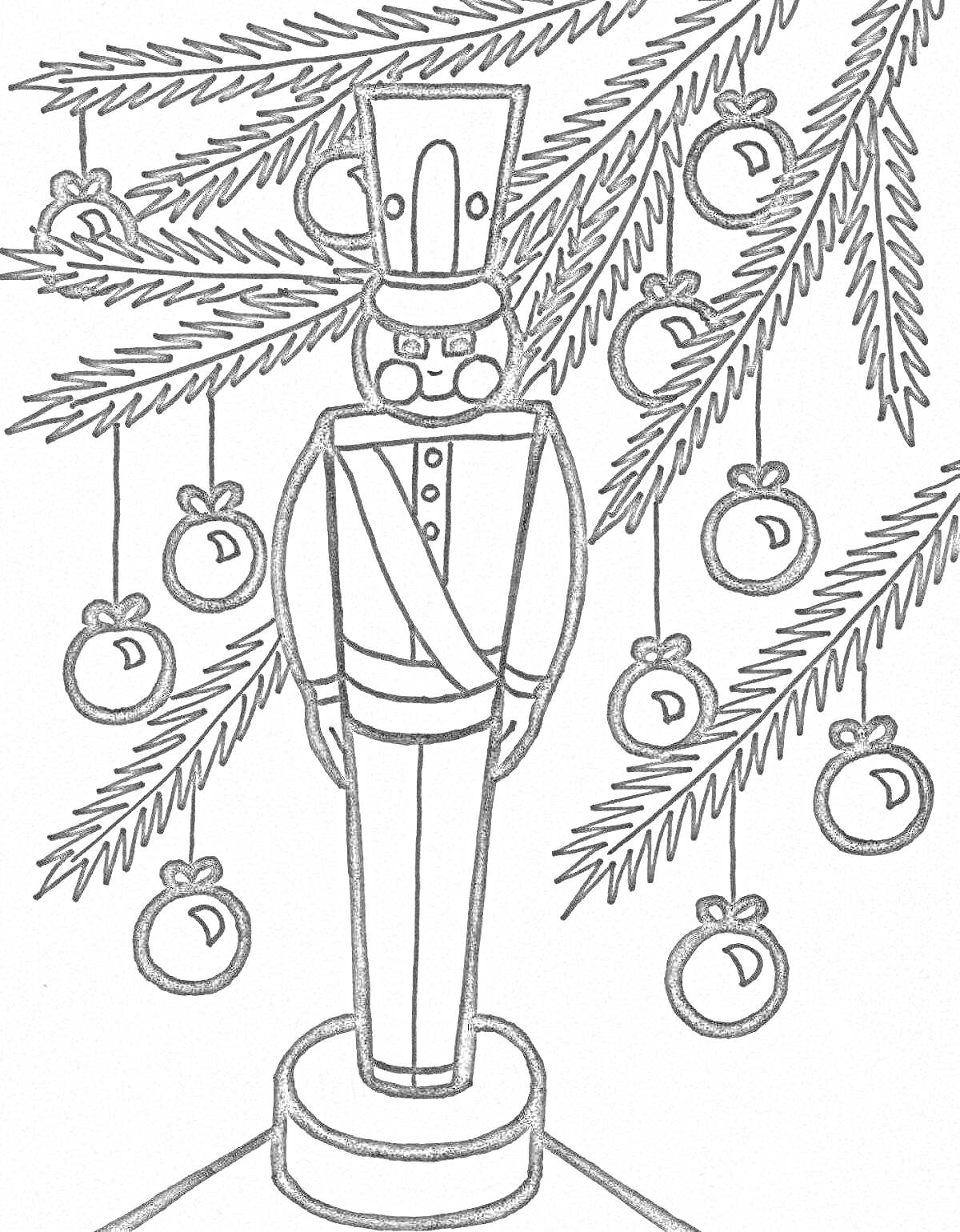 Раскраска Щелкунчик под новогодней елкой с шарами