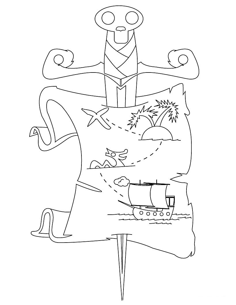 Раскраска Карта сокровищ с кинжалом, сундуком, пальмами, кораблем и X, обозначающим место