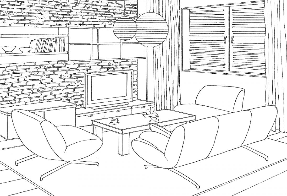 Гостиная с кирпичной стеной, телевизором, полками, диваном, креслами, журнальным столиком, ковром, окнами с жалюзи и лампами