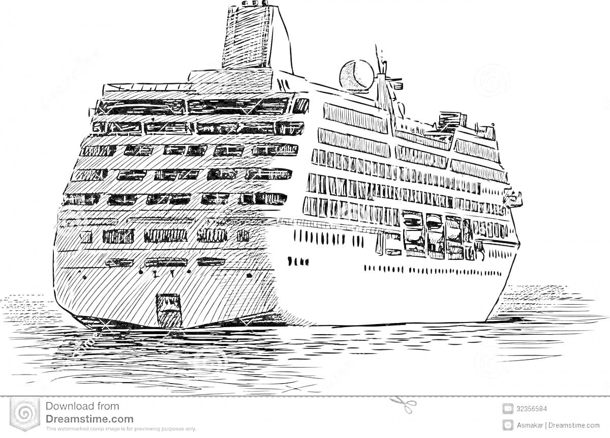 Раскраска Пассажирский корабль на воде с множеством окон, трубой, танкерами на палубе и антенной