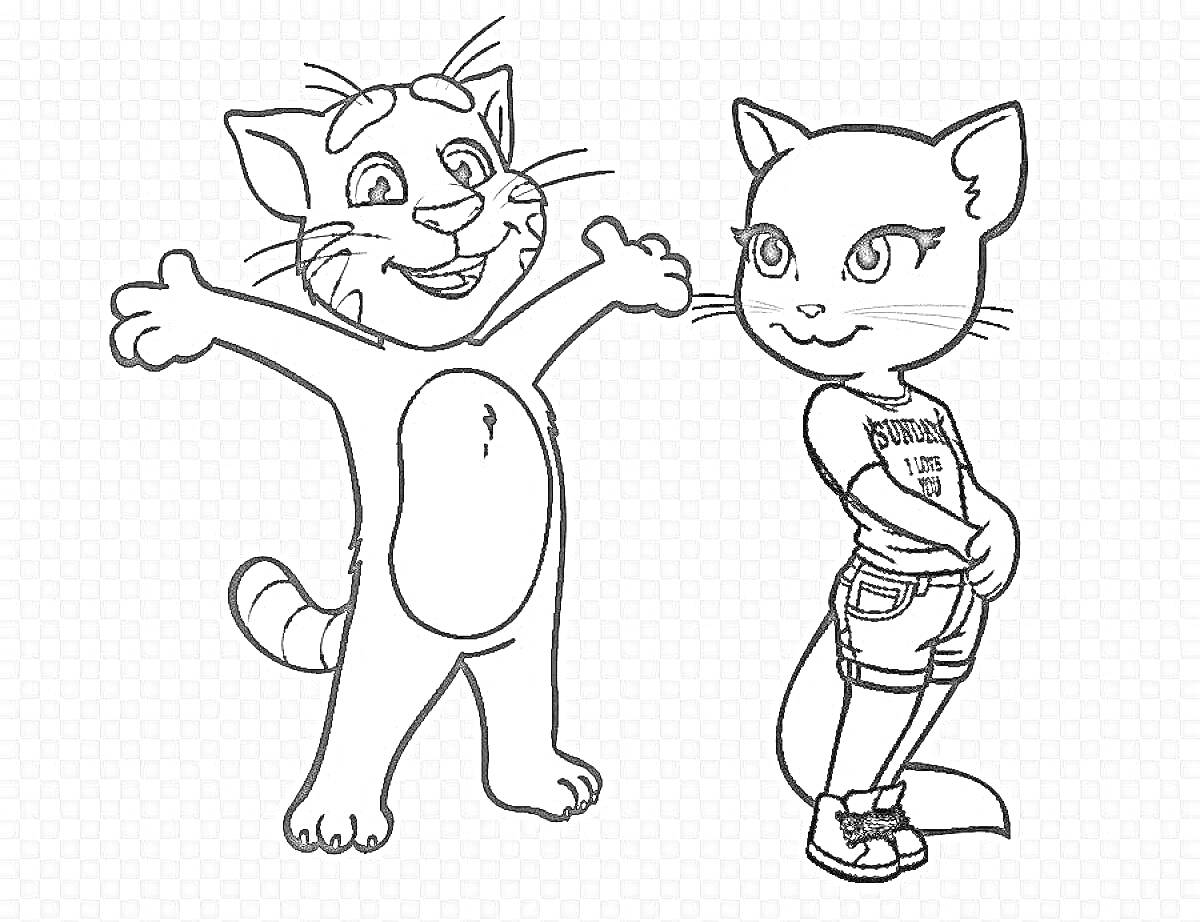 Раскраска Два мультяшных кота, один с поднятыми руками в приветствии, другой в футболке и шортах