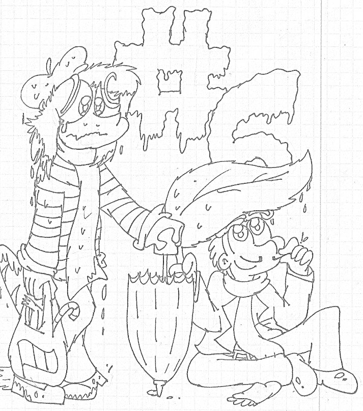 Раскраска Два мультяшных героя с музыкальными инструментами, зонтом и большим числом «#6»