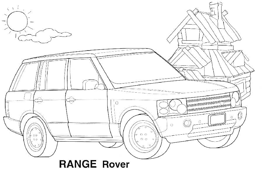Раскраска Range Rover на фоне деревенского домика с солнцем и облаком