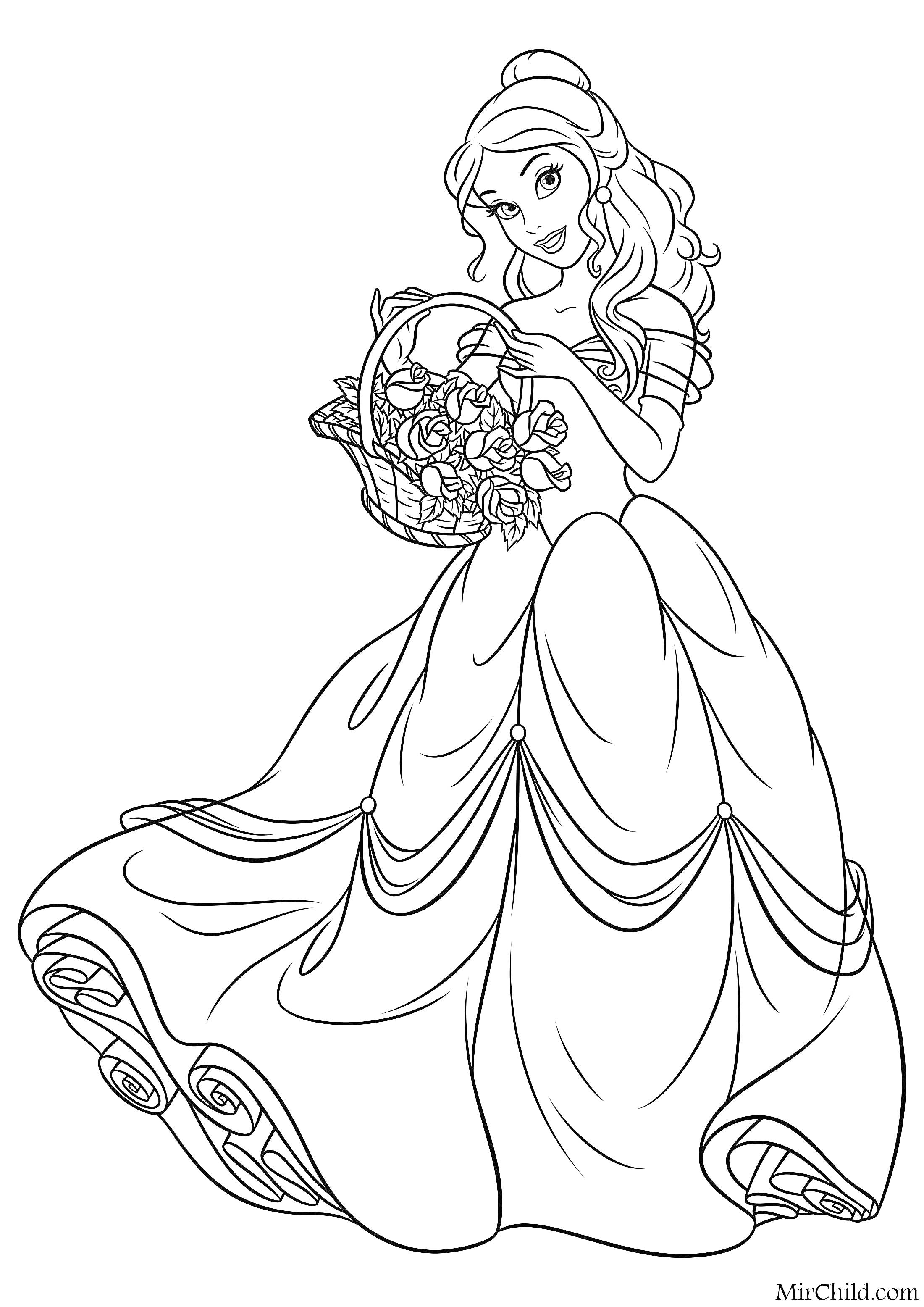 На раскраске изображено: Принцесса, Для девочек, Цветы, Корзина, Пышное платье, Длинные волосы, Из сказок