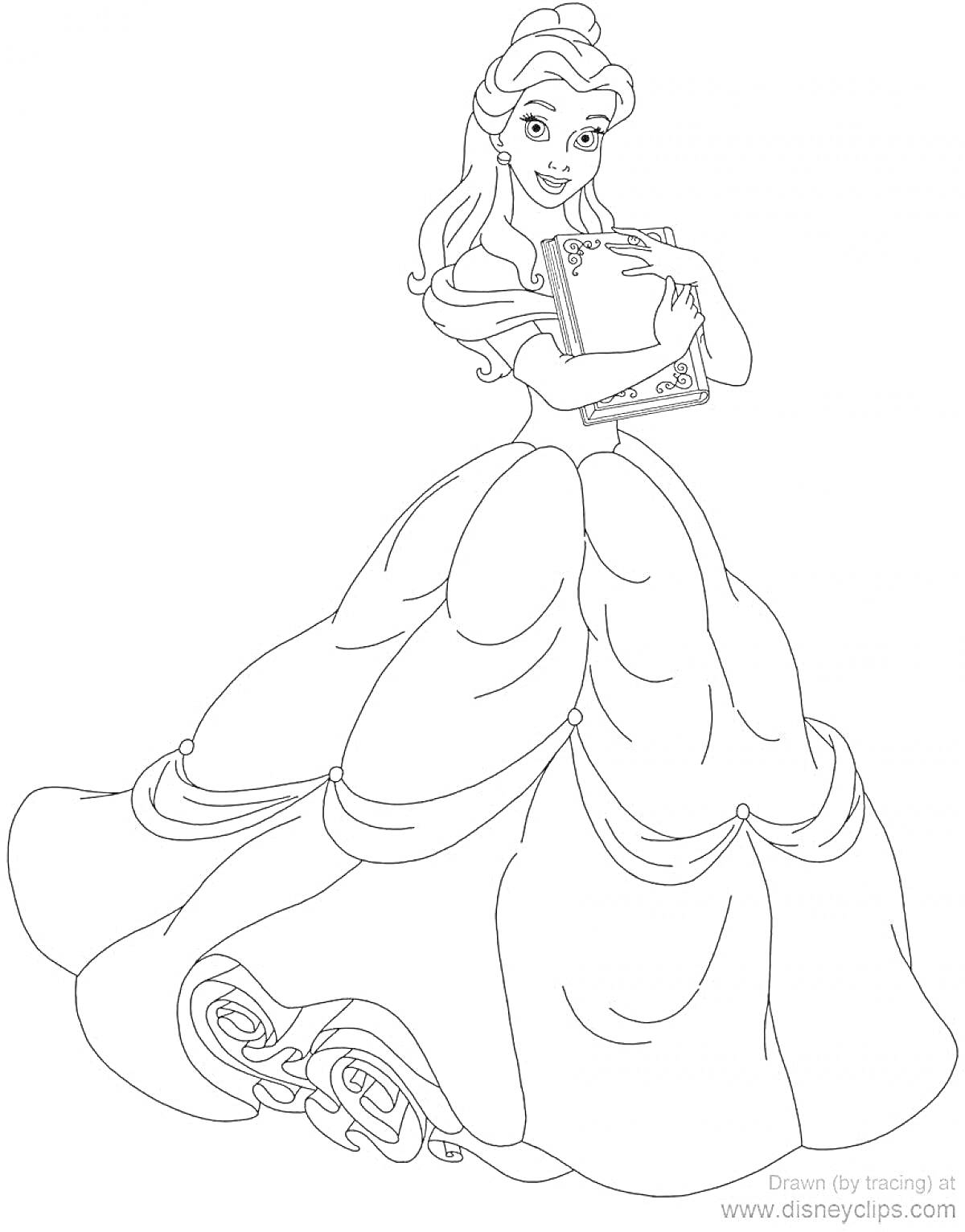 На раскраске изображено: Принцесса, Белль, Книга, Пышное платье, Длинные волосы, Дисней