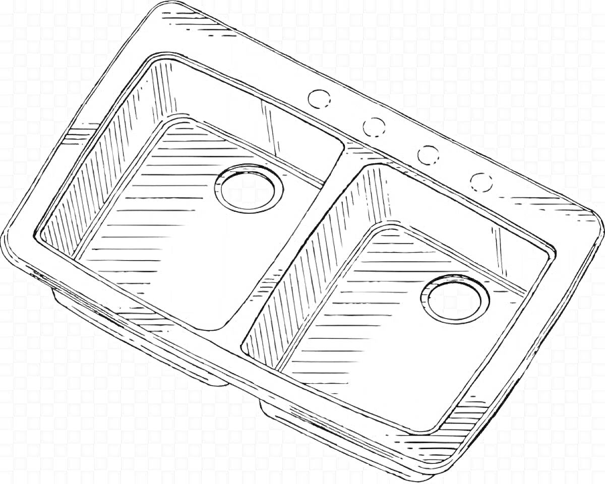 Раскраска Раковина с двумя большими чашами и отверстиями под смеситель