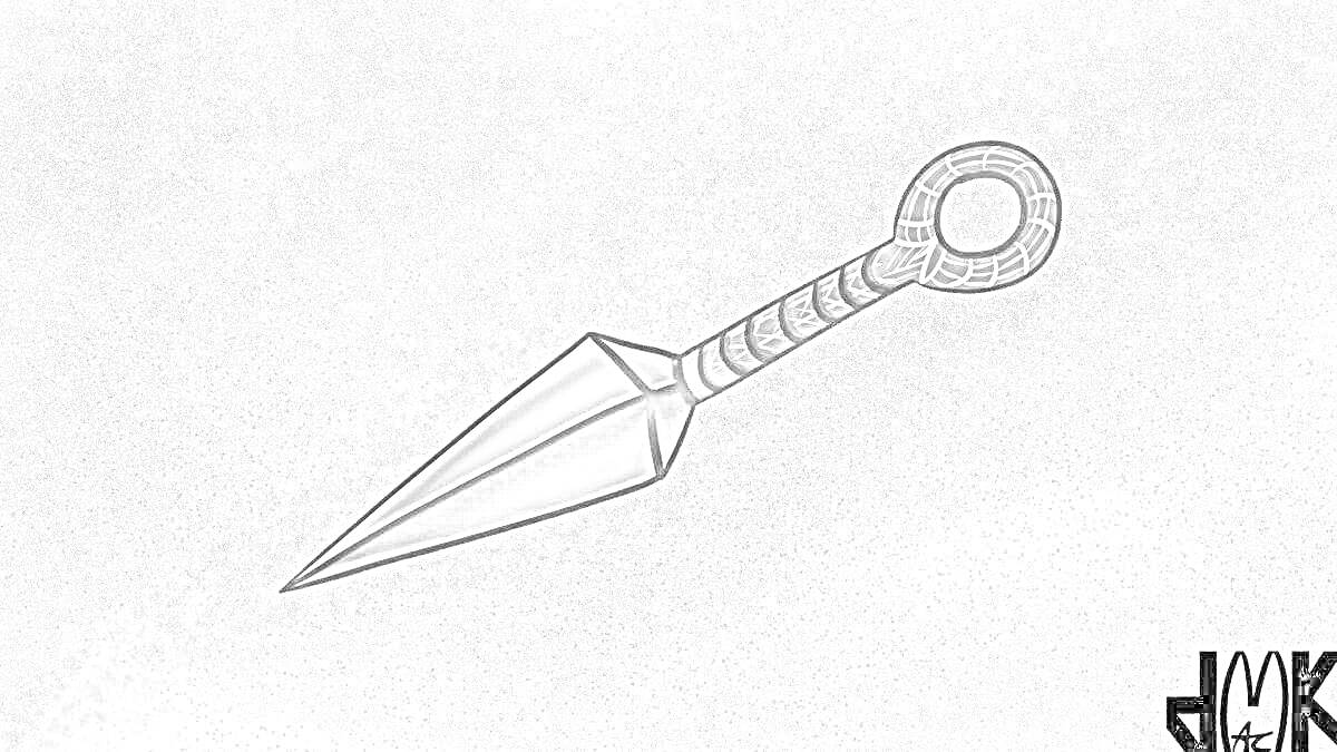 Раскраска Чёрно-белая раскраска с изображением ножа кунай, узорчатой ручкой и кольцом на конце.