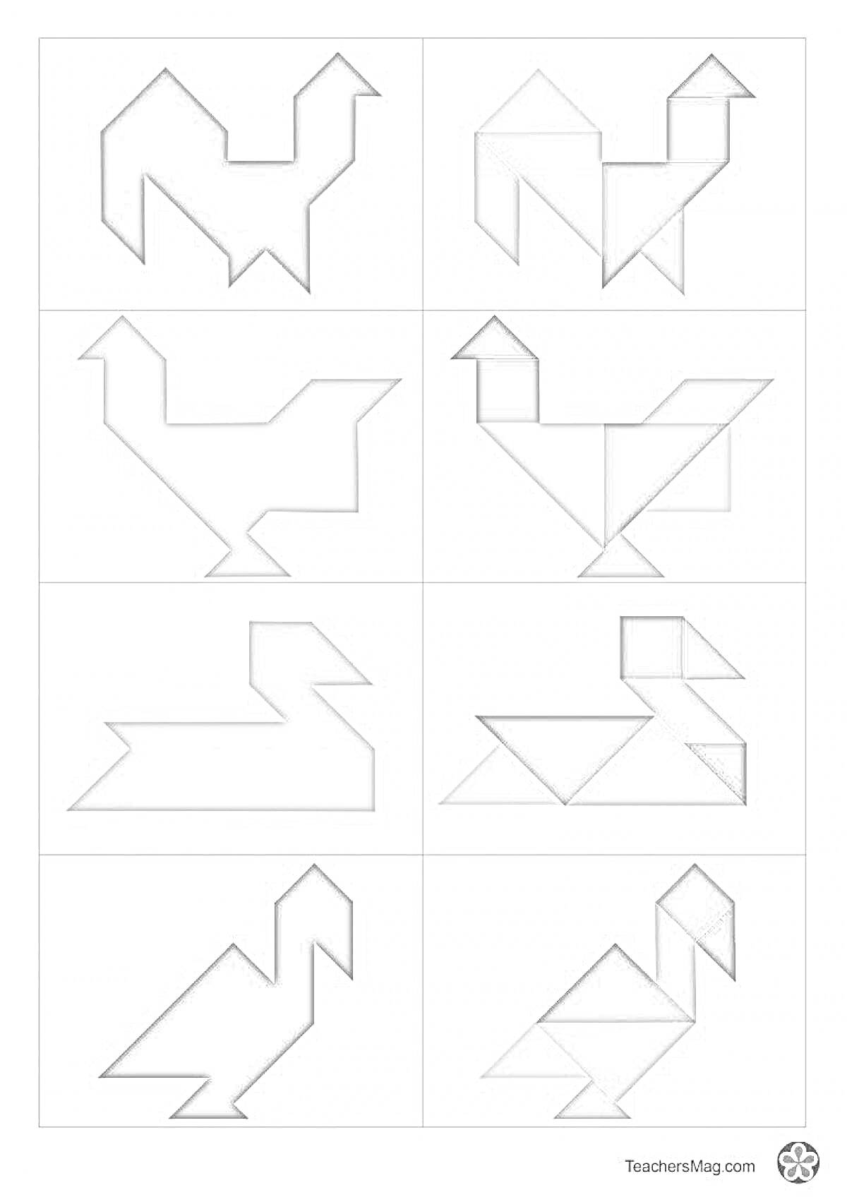 Раскраска Танграм: различные формы животных из геометрических фигур