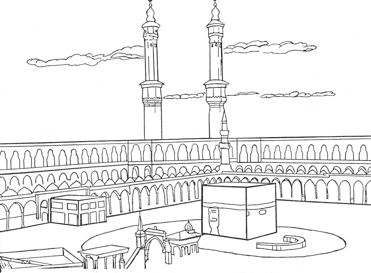 Раскраска Кааба в Мекке с двумя минаретами, арками, облаками, и другими архитектурными элементами вокруг