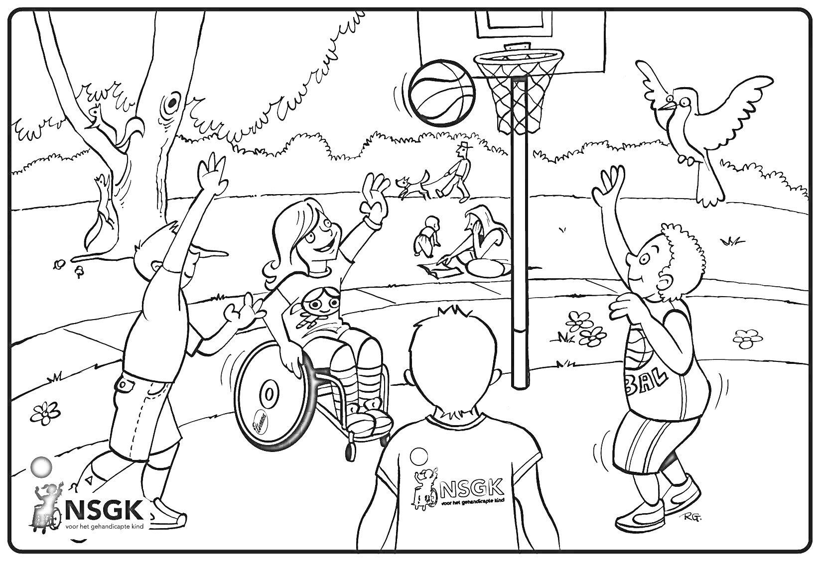 На раскраске изображено: Физкультура, Баскетбол, Инвалидная коляска, Спорт, Площадка, Птица