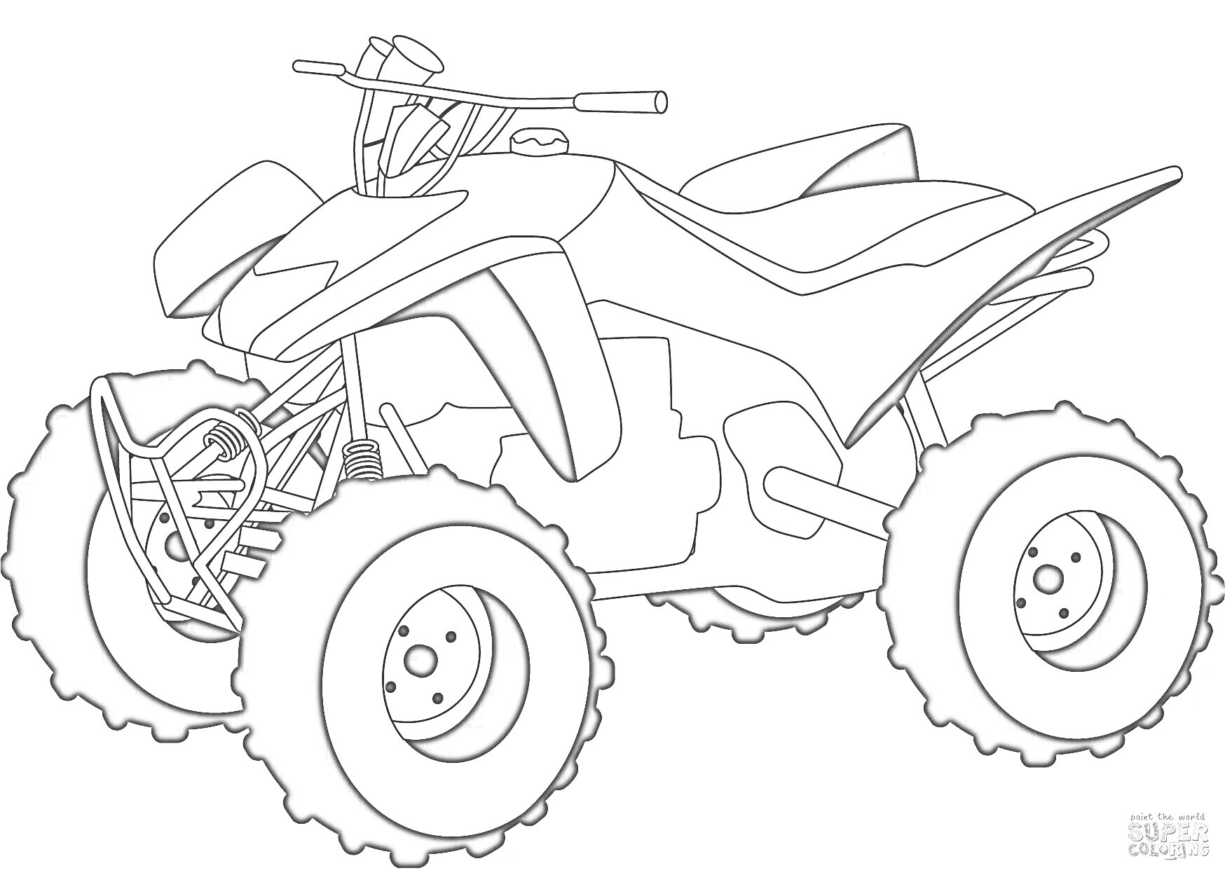 На раскраске изображено: Квадроцикл, Для детей, Транспорт, Руль, Колёса, Бампер, Детали