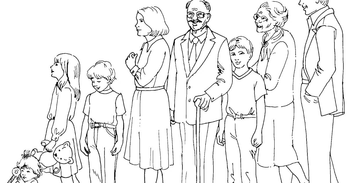 На раскраске изображено: Семья, Бабушка, Мама, Мальчик, Девочка, Младенец, Коляска
