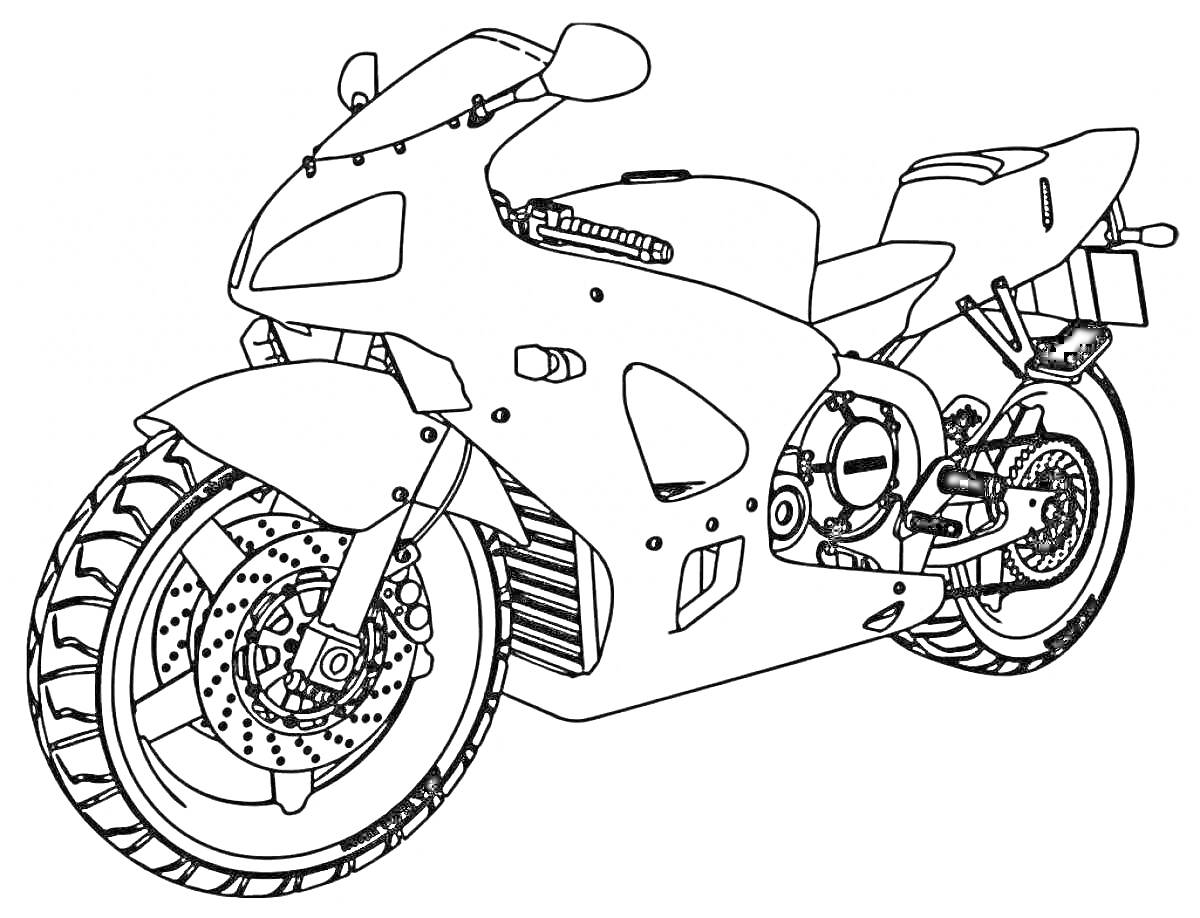 Раскраска Спортивный мотоцикл с боковым зеркалом, коробом воздухозаборника, выхлопной трубой, тормозными дисками и номерной плитой
