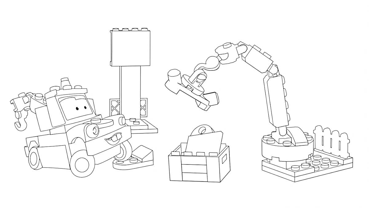 На раскраске изображено: Лего, Кран, Ящик с инструментами, Забор