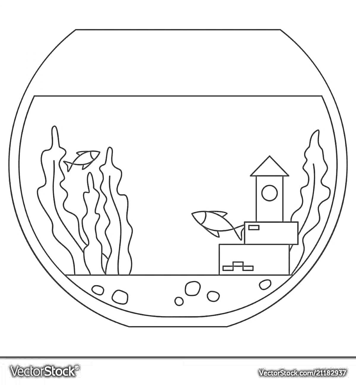 Раскраска Аквариум круглый с двумя рыбками, замком, водорослями и камнями
