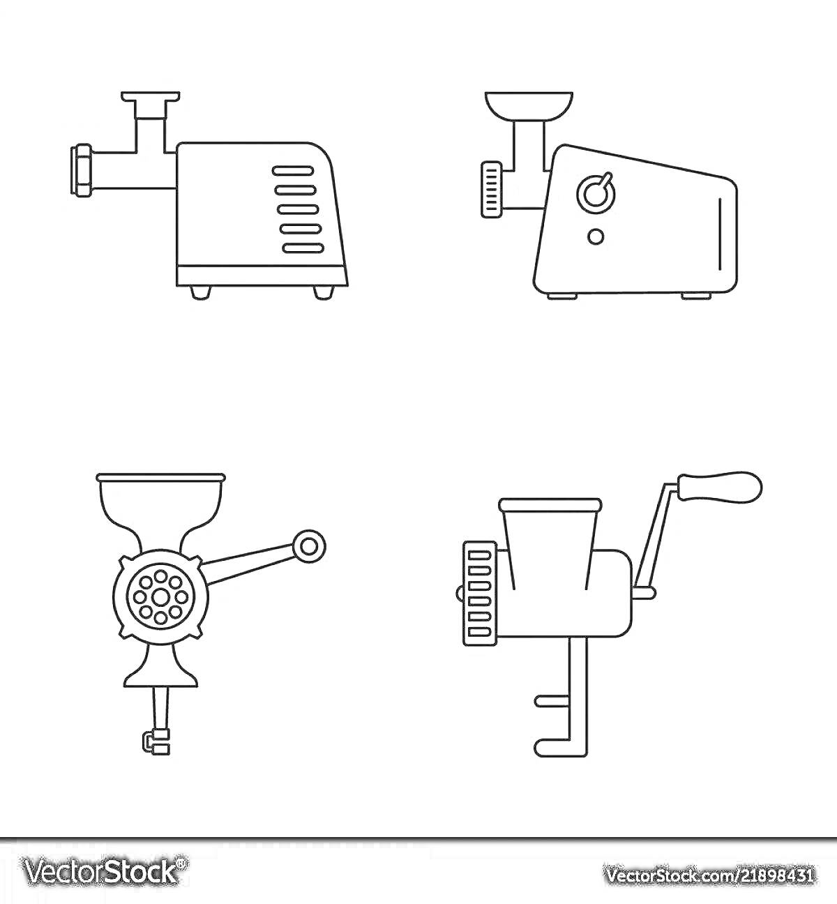 Четыре вида мясорубок: электрическая мясорубка с вентиляцией, электрическая мясорубка с ручкой включения, ручная мясорубка с креплением на столе, классическая мясорубка с фиксатором.