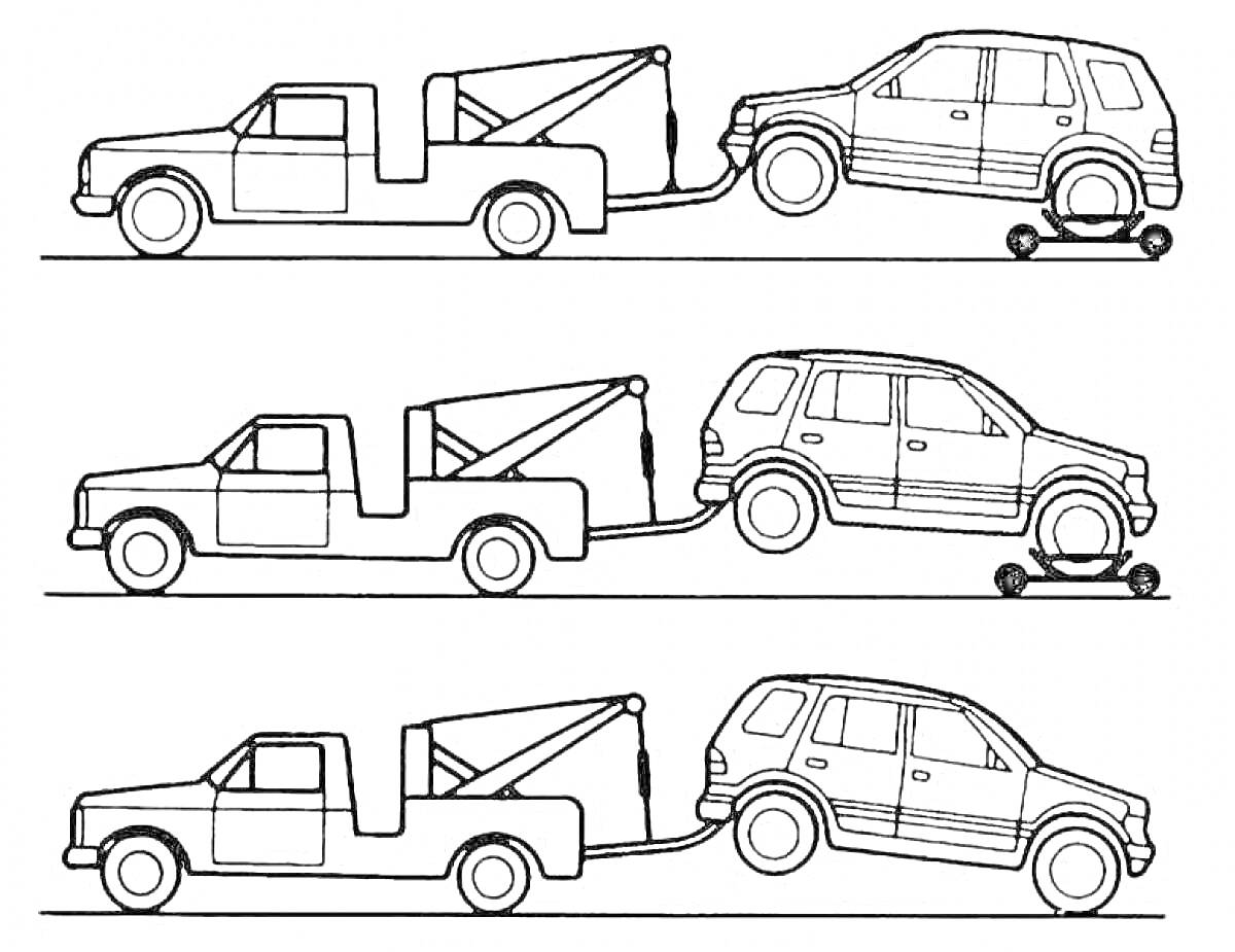 Раскраска Пикап эвакуатор буксирует внедорожник на платформе