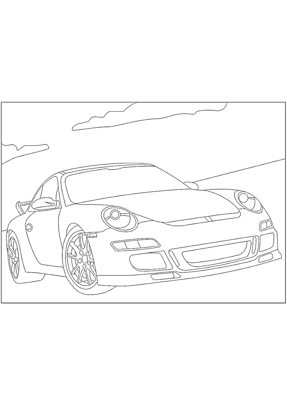 На раскраске изображено: Porsche, Спортивный автомобиль, Облака, Зарисовка, Авто, Автомобильный дизайн