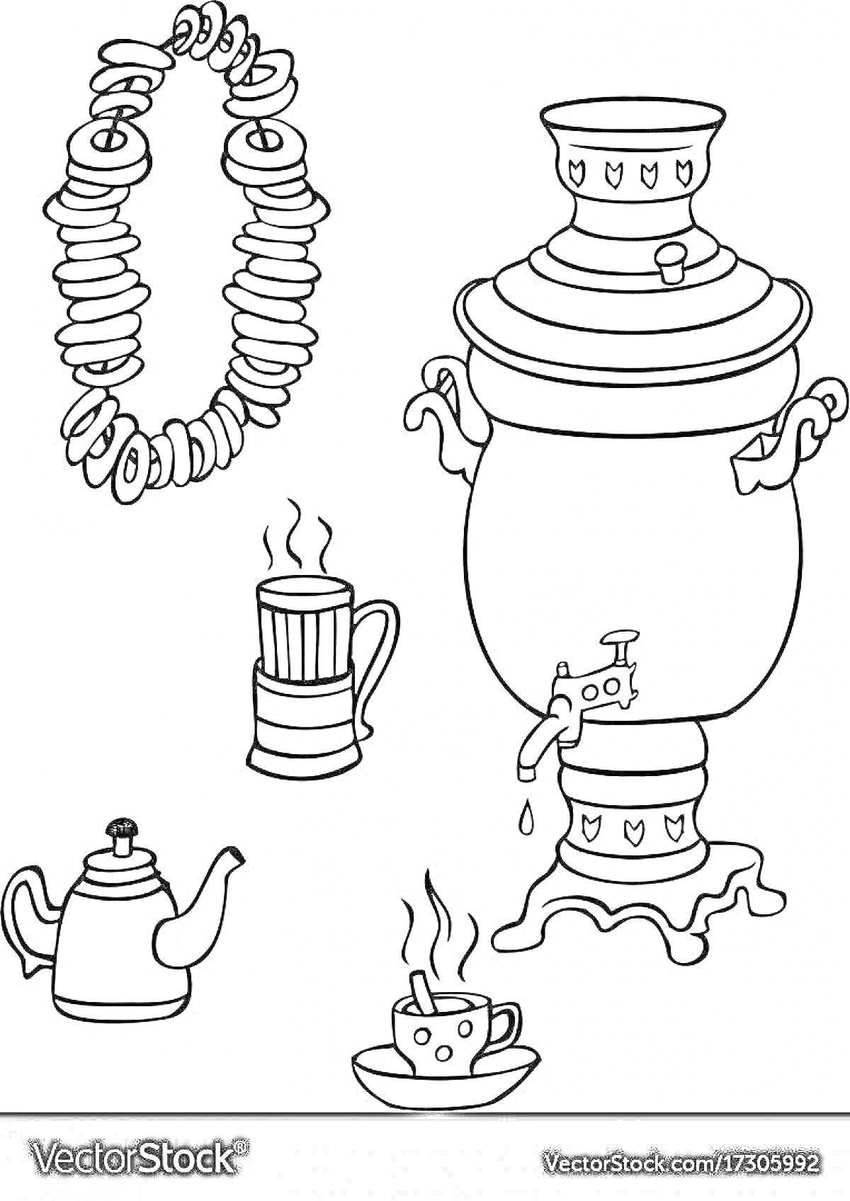 Раскраска Самовар на Масленицу с баранками, кувшином, кружкой и чашкой с блюдцем